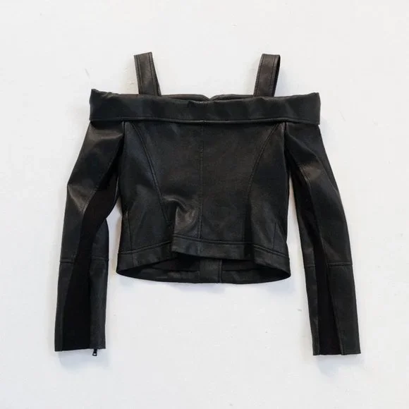 BCBGMAXAZRIA Clyde Cold-Shoulder Faux-Leather Moto Jacket in black size - Picture 7 of 7